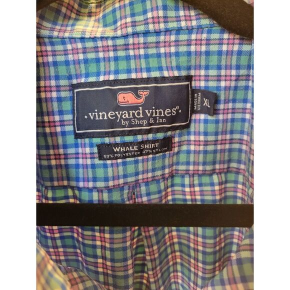 New men's sz xl vineyard vines whale shirt blue and pink plaid button down shirt - Picture 4 of 4